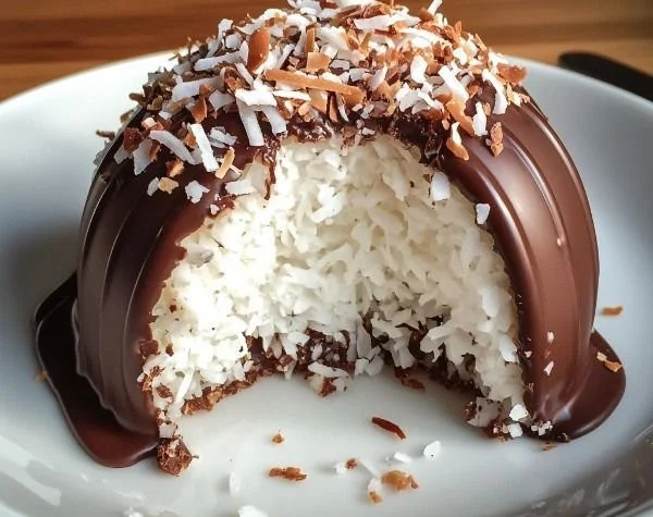 Chocolate-Covered Coconut Dome dessert with chocolate coating and coconut filling