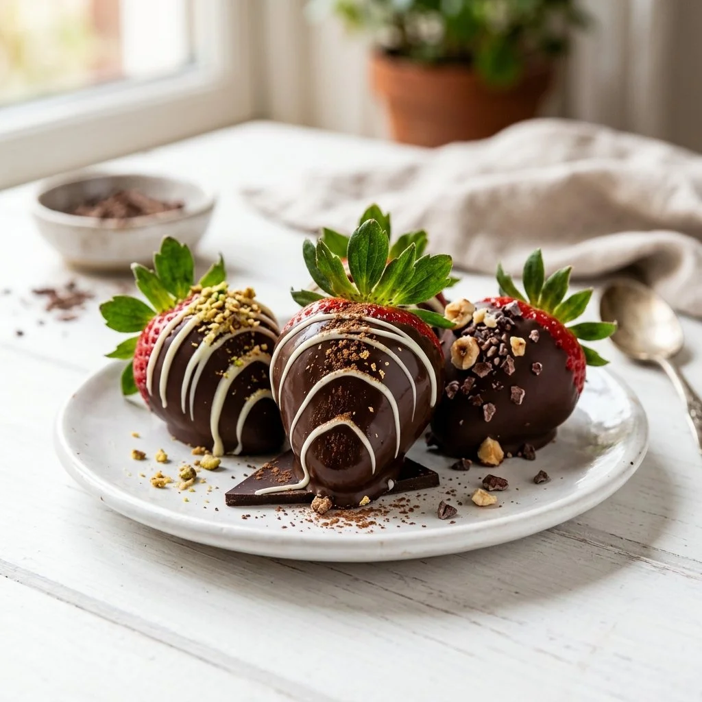 Delicious chocolate covered strawberries arranged on a plate