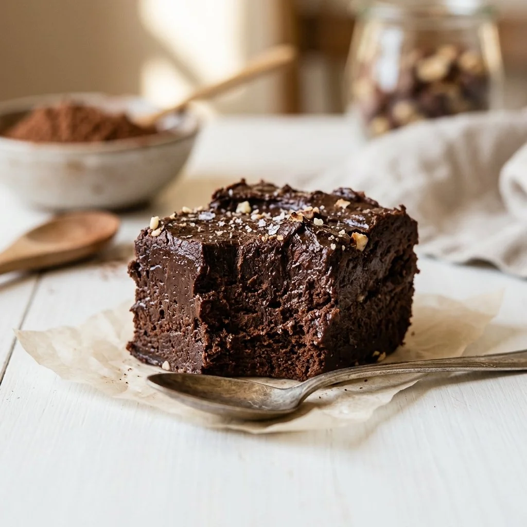 Delicious homemade chocolate fudge on a rustic wooden table.