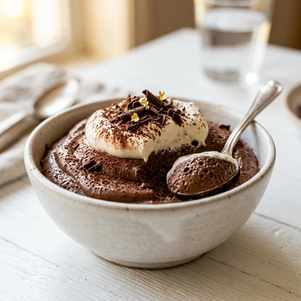 Delicious homemade chocolate mousse dessert served in a glass.