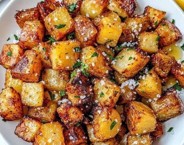 Chopped potatoes seasoned with sea salt and mixed herbs on a plate.