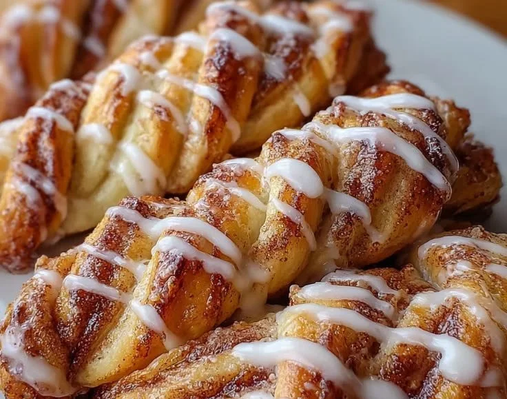 Freshly baked cinnamon roll bread twists on a plate, topped with icing.