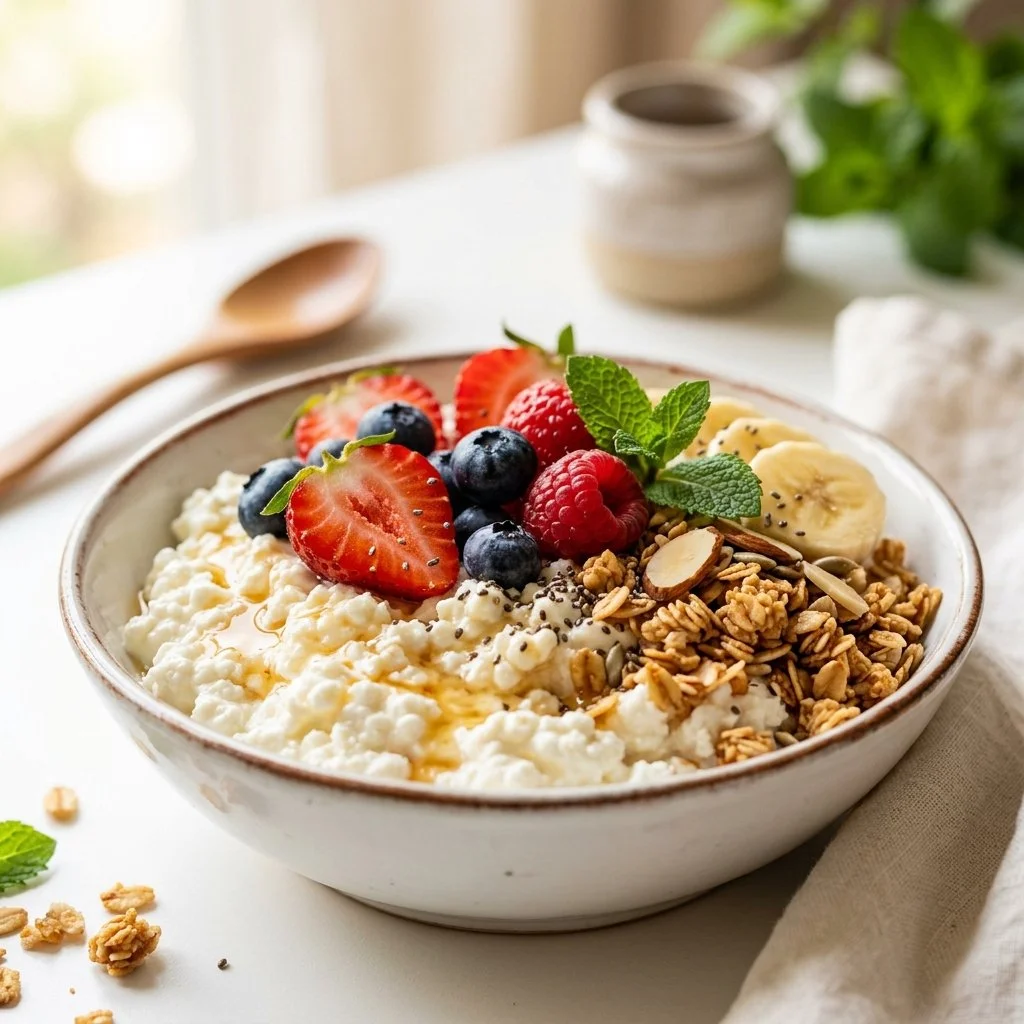 Sweet cottage cheese bowl topped with fresh fruits and honey