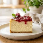 Delicious cottage cheese cheesecake topped with fruit and whipped cream