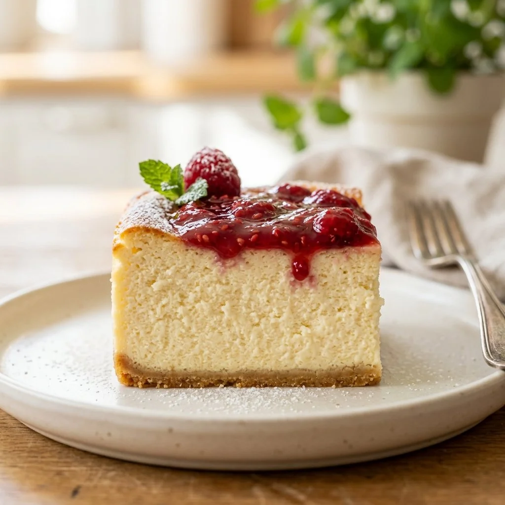 Delicious cottage cheese cheesecake topped with fruit and whipped cream