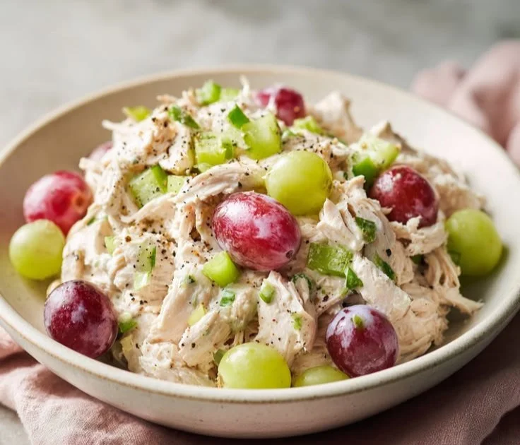 Cottage Cheese Chicken Salad served in a bowl, garnished with fresh vegetables.