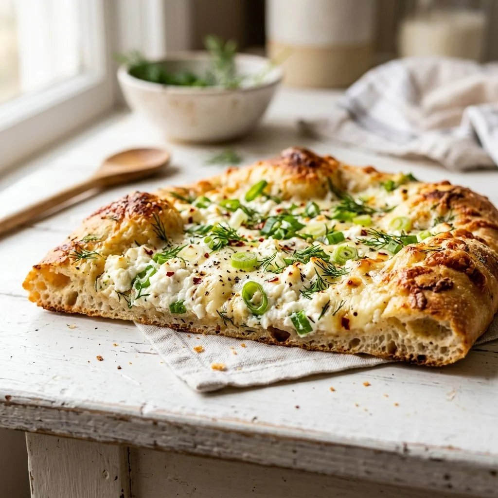 Homemade Cottage Cheese Flatbread topped with fresh herbs and spices