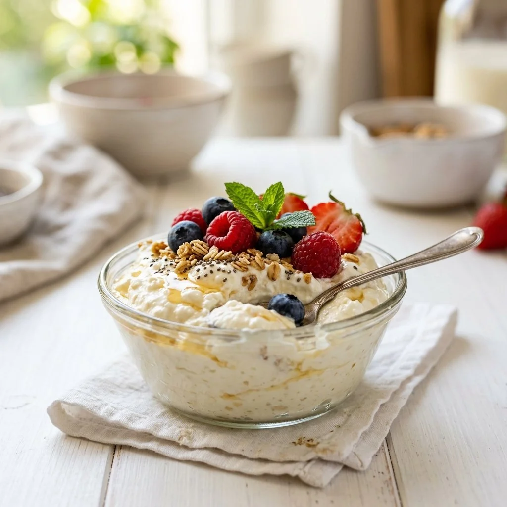Delicious and creamy cottage cheese mousse served in a bowl.