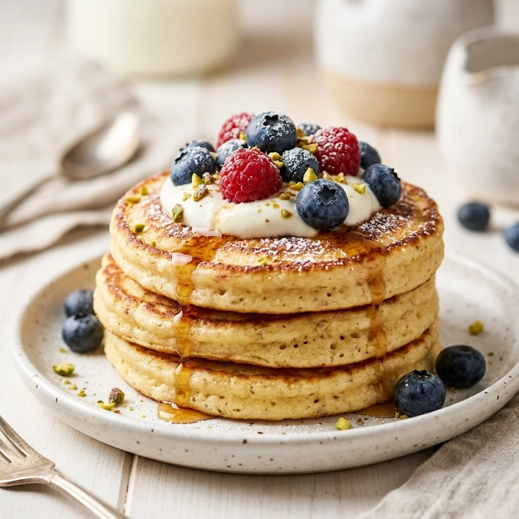 Fluffy cottage cheese pancakes topped with fresh fruits and syrup