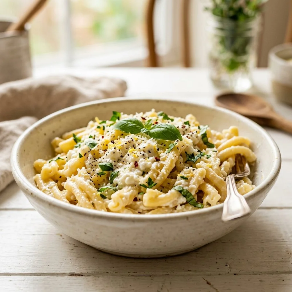 Creamy cottage cheese pasta dish garnished with herbs