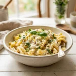 Creamy cottage cheese pasta dish garnished with fresh herbs and vegetables