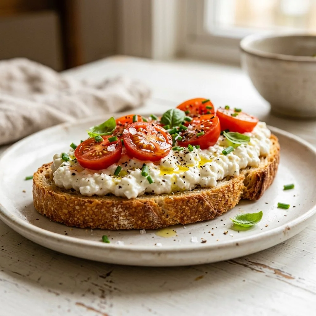 Delicious cottage cheese toast topped with fresh herbs and vegetables