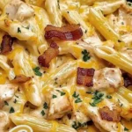 Creamy Crack Chicken Pasta bake topped with cheese and herbs