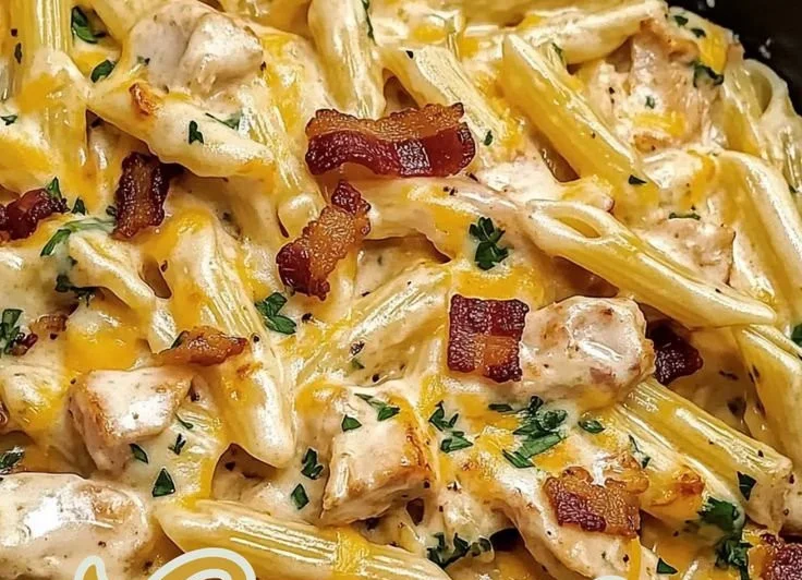 Creamy Crack Chicken Pasta bake topped with cheese and herbs