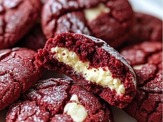 Delicious cream cheese stuffed red velvet cookies on a plate