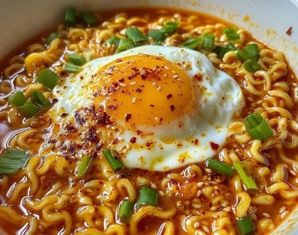 Delicious creamy Buldak Ramen topped with a soft egg for added richness.