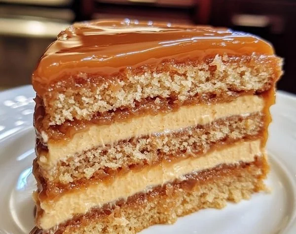 Creamy caramel cake with a rich caramel glaze and decorative toppings.