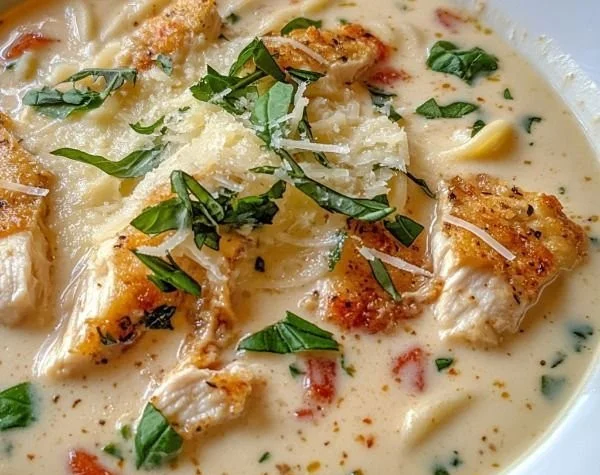 Creamy chicken parmesan soup prepared in a crock pot with cheese and herbs