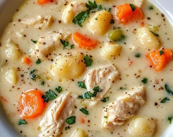 Creamy crockpot chicken gnocchi soup in a bowl topped with herbs