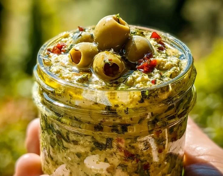 Creamy feta and green olive dip served in a bowl with pita chips