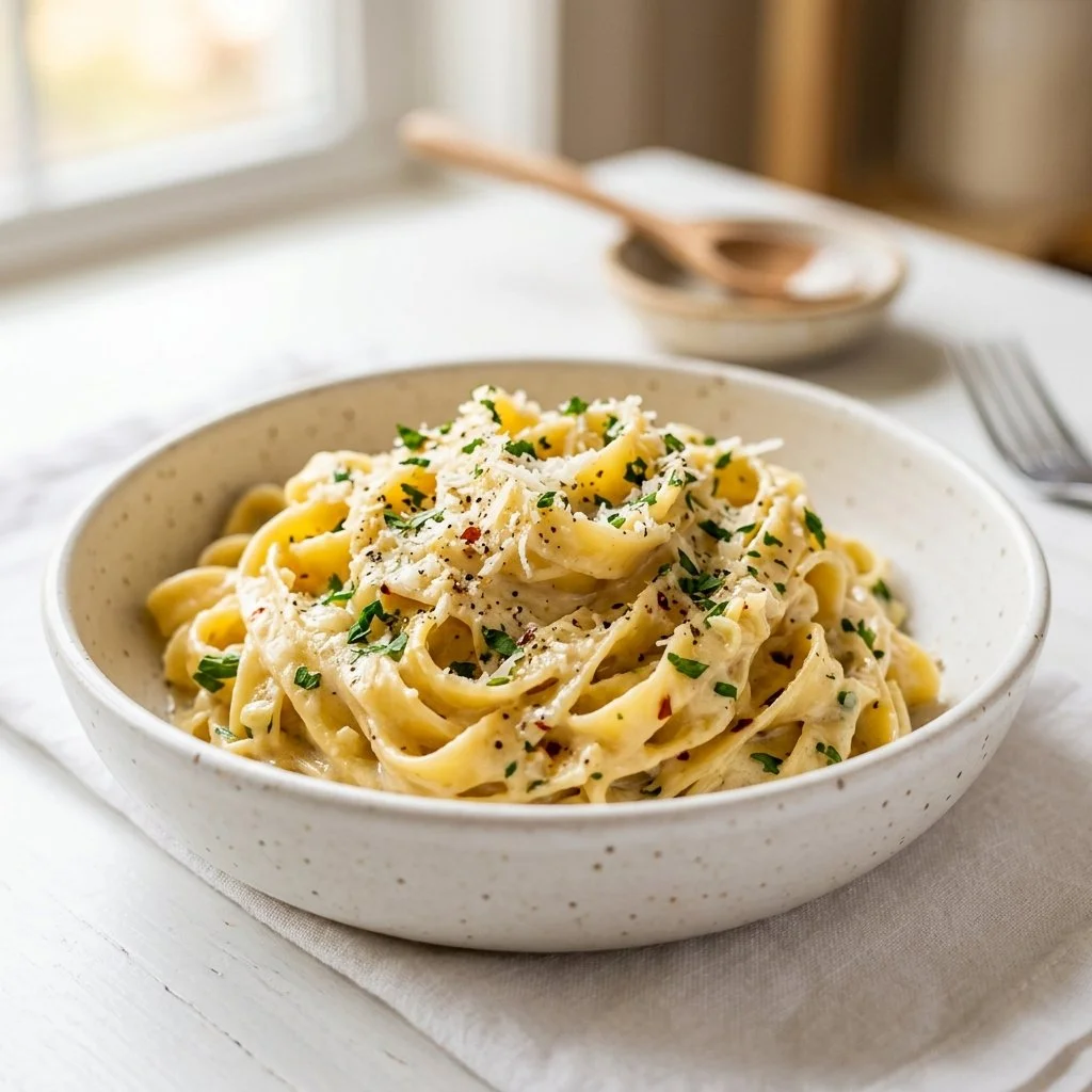 Creamy garlic pasta dish topped with parsley and grated cheese