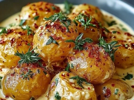Creamy garlic sauce drizzled over roasted baby potatoes