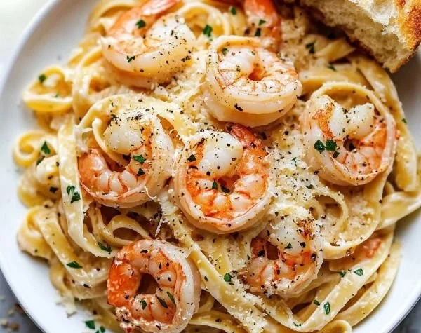 Creamy garlic shrimp pasta in a bowl garnished with parsley and red pepper flakes