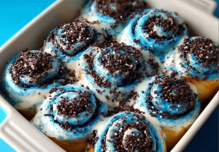 Creamy Oreo cinnamon roll topped with frosting and Oreo crumbs