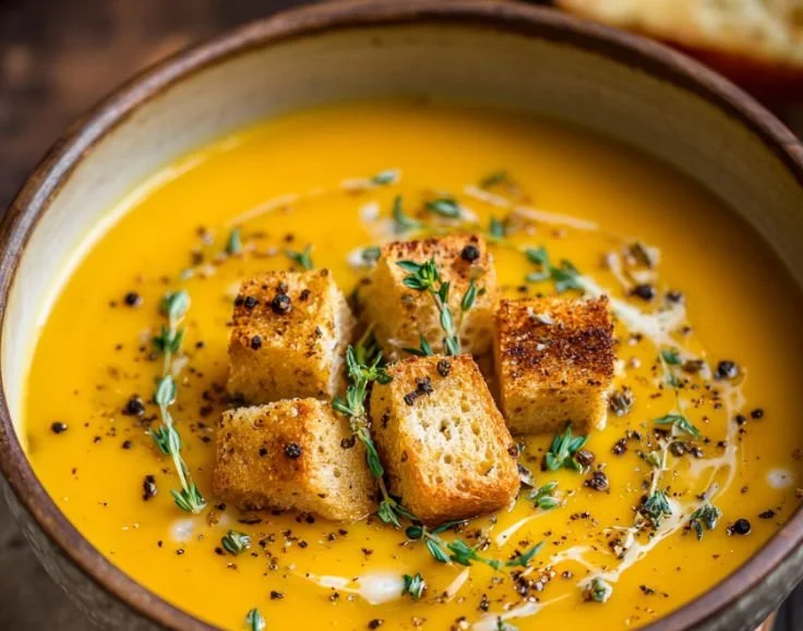 Bowl of creamy roasted butternut squash soup garnished with herbs