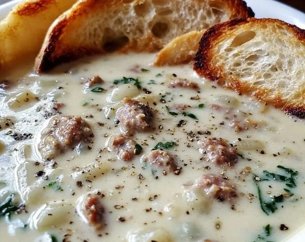Bowl of creamy sausage soup garnished with herbs and served warm