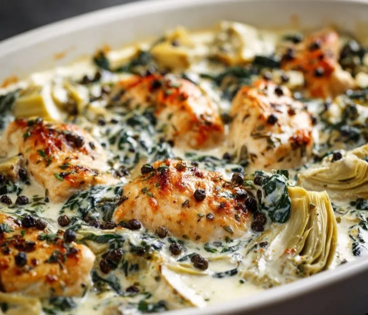 Creamy spinach artichoke chicken casserole served in a baking dish