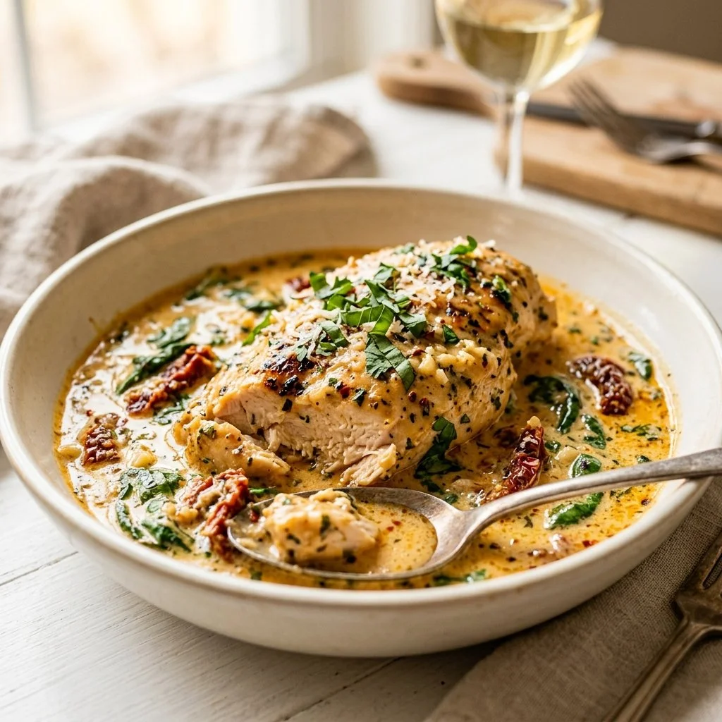 Delicious creamy Tuscan chicken served with herbs and spices
