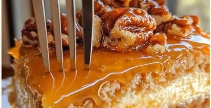 Slice of Crème Brûlée Caramel Pecan Cake topped with pecans and caramel sauce
