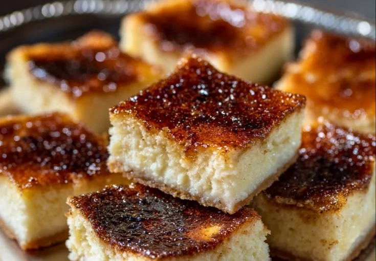 Delicious crème brûlée cheesecake bars with caramelized topping.