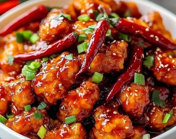 Crispy Chilli Chicken garnished and served in a bowl