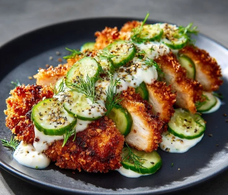 Crispy Dill Pickle Parmesan Chicken garnished with herbs on a plate