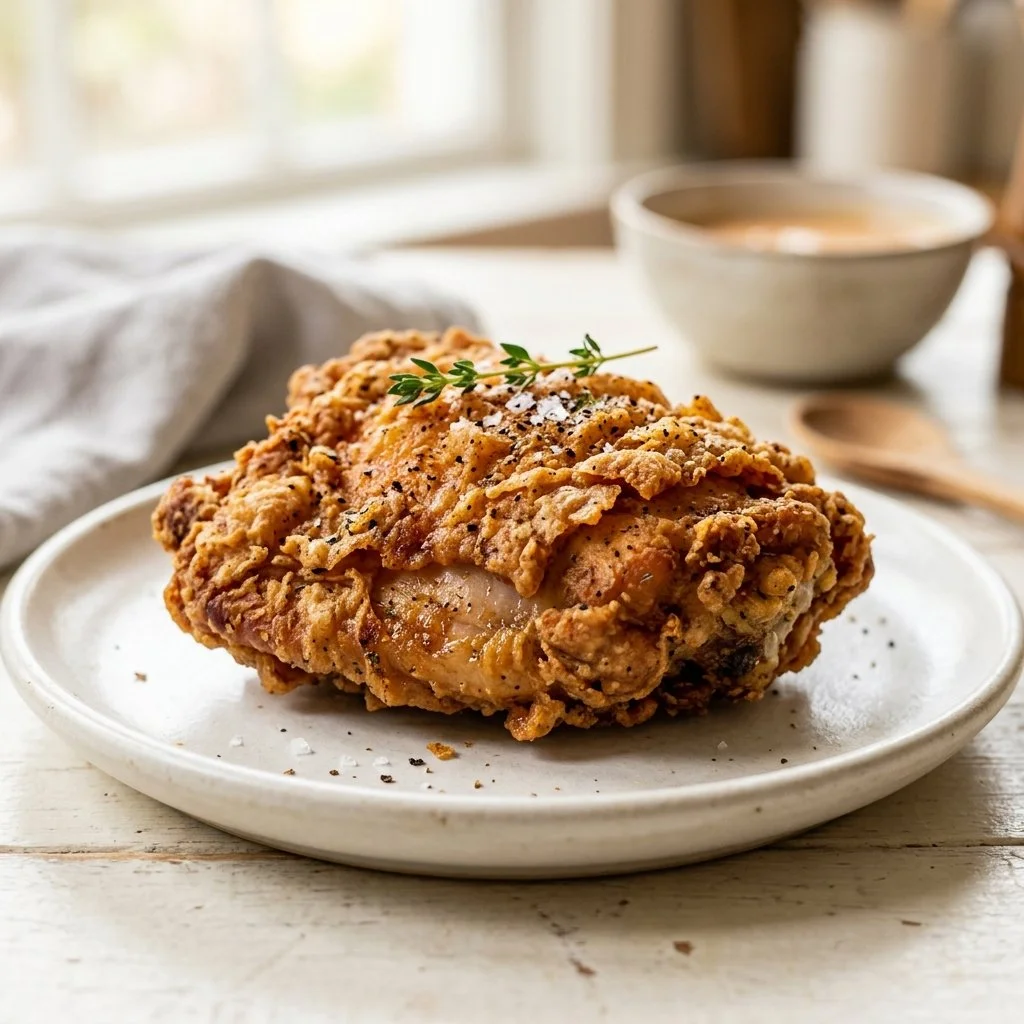 Delicious crispy fried chicken on a plate, garnished with herbs and served with sides.