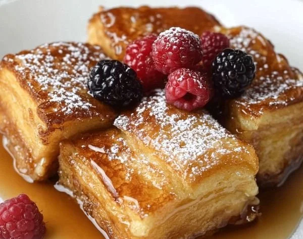 Delicious Croissant French Toast Casserole topped with syrup and fresh fruit