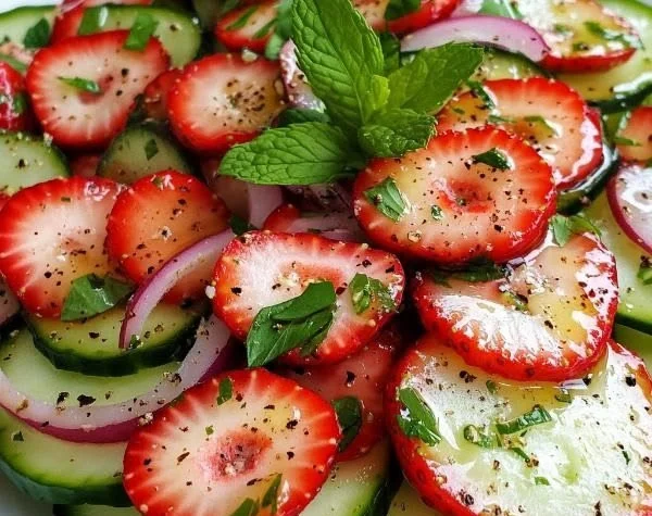 Cucumber and Strawberry Salad with fresh ingredients on a plate