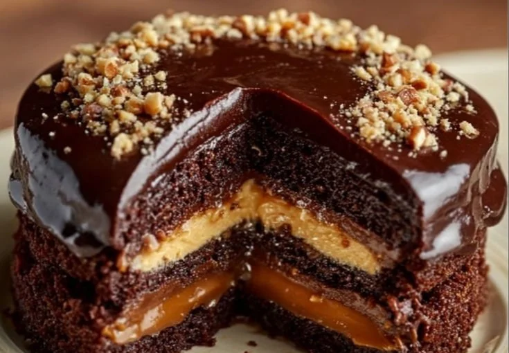 Decadent homemade caramel cake with rich frosting and toppings.