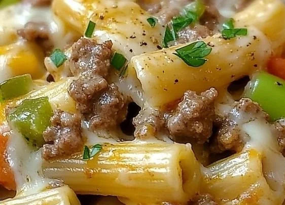 Plate of delicious Philly Cheese Steak Pasta topped with melted cheese and peppers