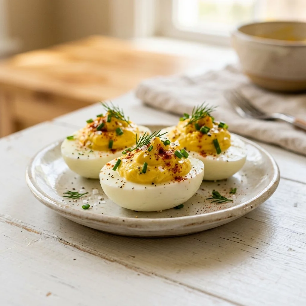 Delicious high-protein deviled eggs garnished with spices and herbs.