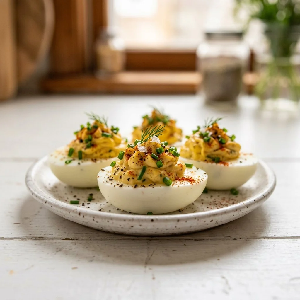 Easy deviled eggs served on a platter for a delicious appetizer.