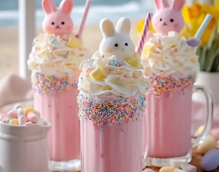 Colorful Easter Bunny Punch served in a festive glass with spring decorations.