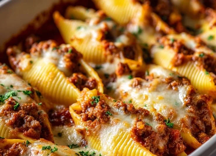 Baked beef and ricotta stuffed shells garnished with fresh herbs