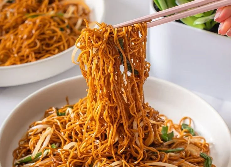 Delicious homemade chow mein noodles served in a bowl