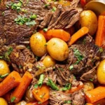 Delicious easy crock pot pot roast with gravy served on a plate.