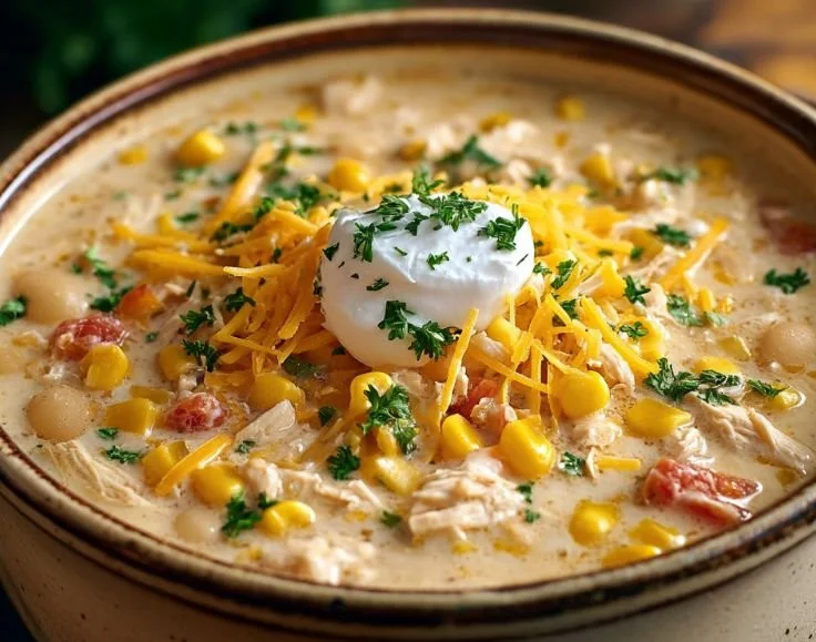 Bowl of easy Crockpot white chicken chili topped with cilantro and cheese