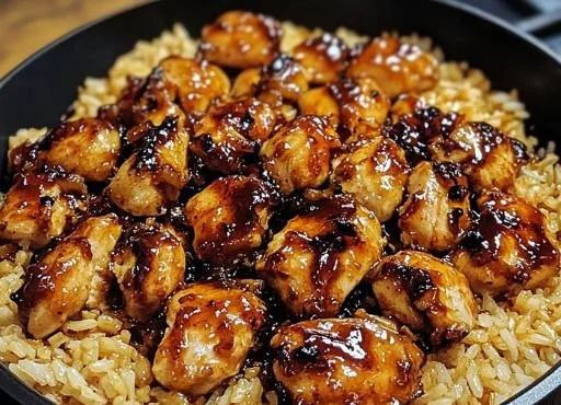 Plate of easy honey BBQ chicken served with rice