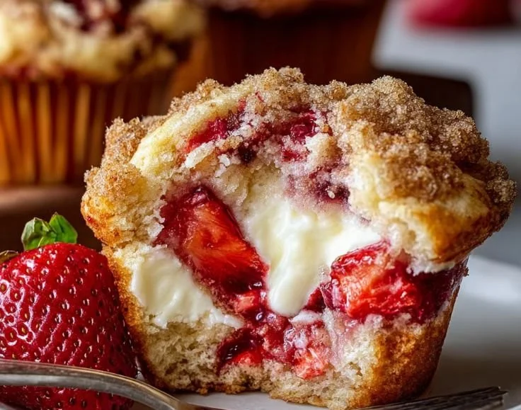 Easy strawberry cream cheese muffins with fresh strawberries and cream cheese filling